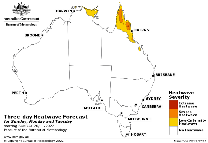Map of Aus. Yellow and orange over northern Queesland and north east NT indicating a heatwave is forecast over Sun, Mon and Tues