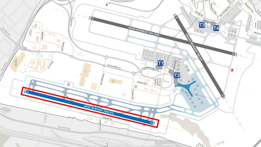 An aerial map of an airport with a new runway highlighted by a blue line enclosed in a red box.