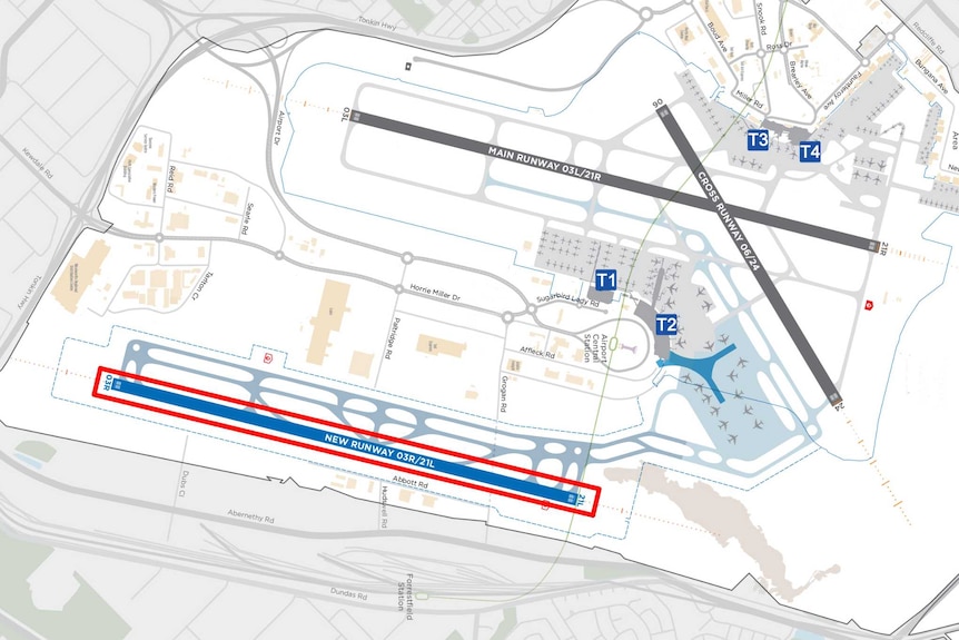 An aerial map of an airport with a new runway highlighted by a blue line enclosed in a red box.