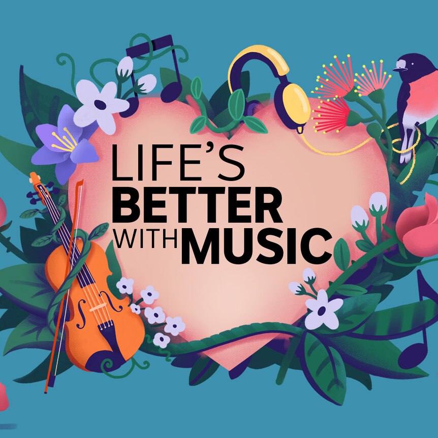 A red love heart surounded by instruments and flowers on a teal background, with the words Life's Better With Music.