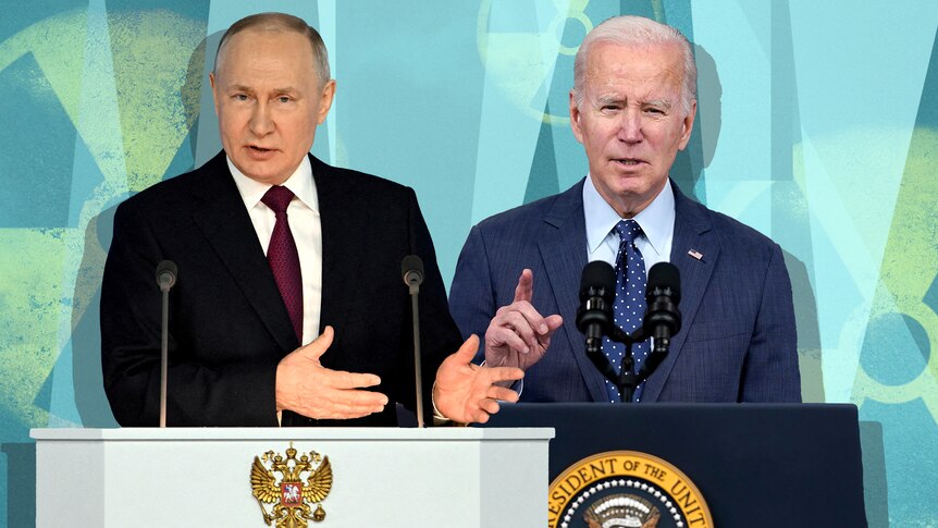 A collage of Vladimir Putin and Joe Biden standing at podiums delivery speeches. Nuclear symbol in the background.