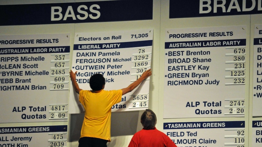 A man changes the tally room board during the 2010 Tasmanian election.