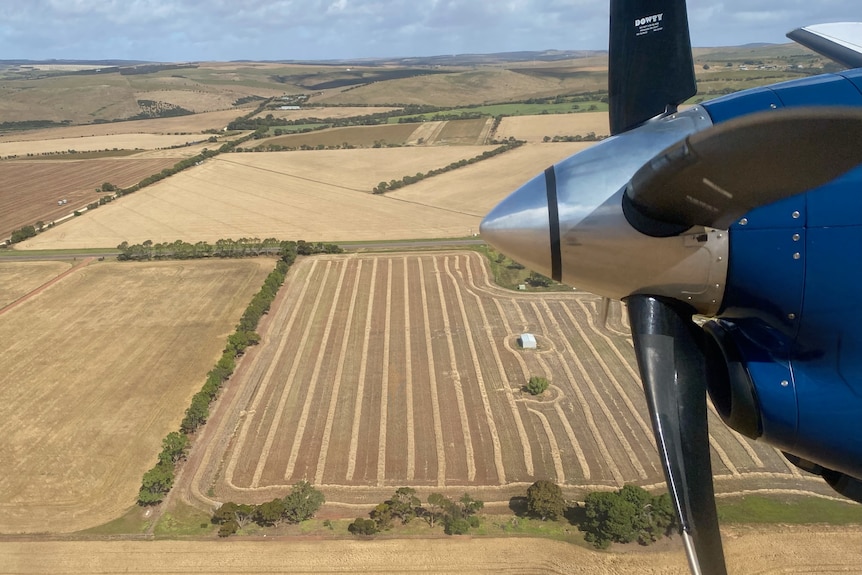 a window seat from a plane reveals huge cropping fields down below.