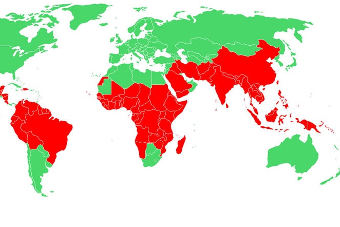 A map showing places where malaria is present.