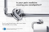 An ad shows a pipe with a knot in it, accompanied by text: "Is your pain medicine causing you constipation?"