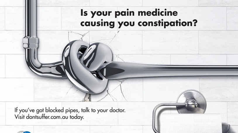 An ad shows a pipe with a knot in it, accompanied by text: "Is your pain medicine causing you constipation?"