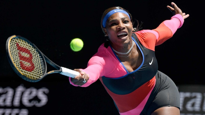 Serena Williams reaches out to a play a forehand at Melbourne Park during the Australian Open