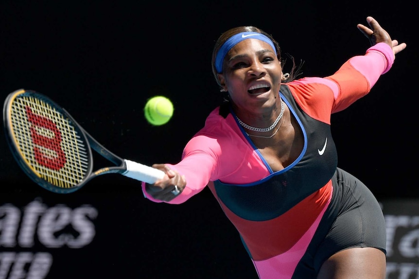 Serena Willaims reaches out to a play a forehand at Melbourne Park during the Australian Open