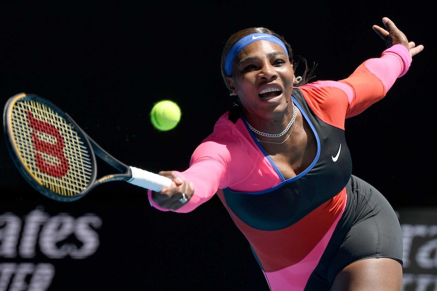 Serena Williams reaches out to a play a forehand at Melbourne Park during the Australian Open