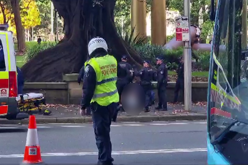 nsw police surround a man on the floor after an allaged stabbing in sydney