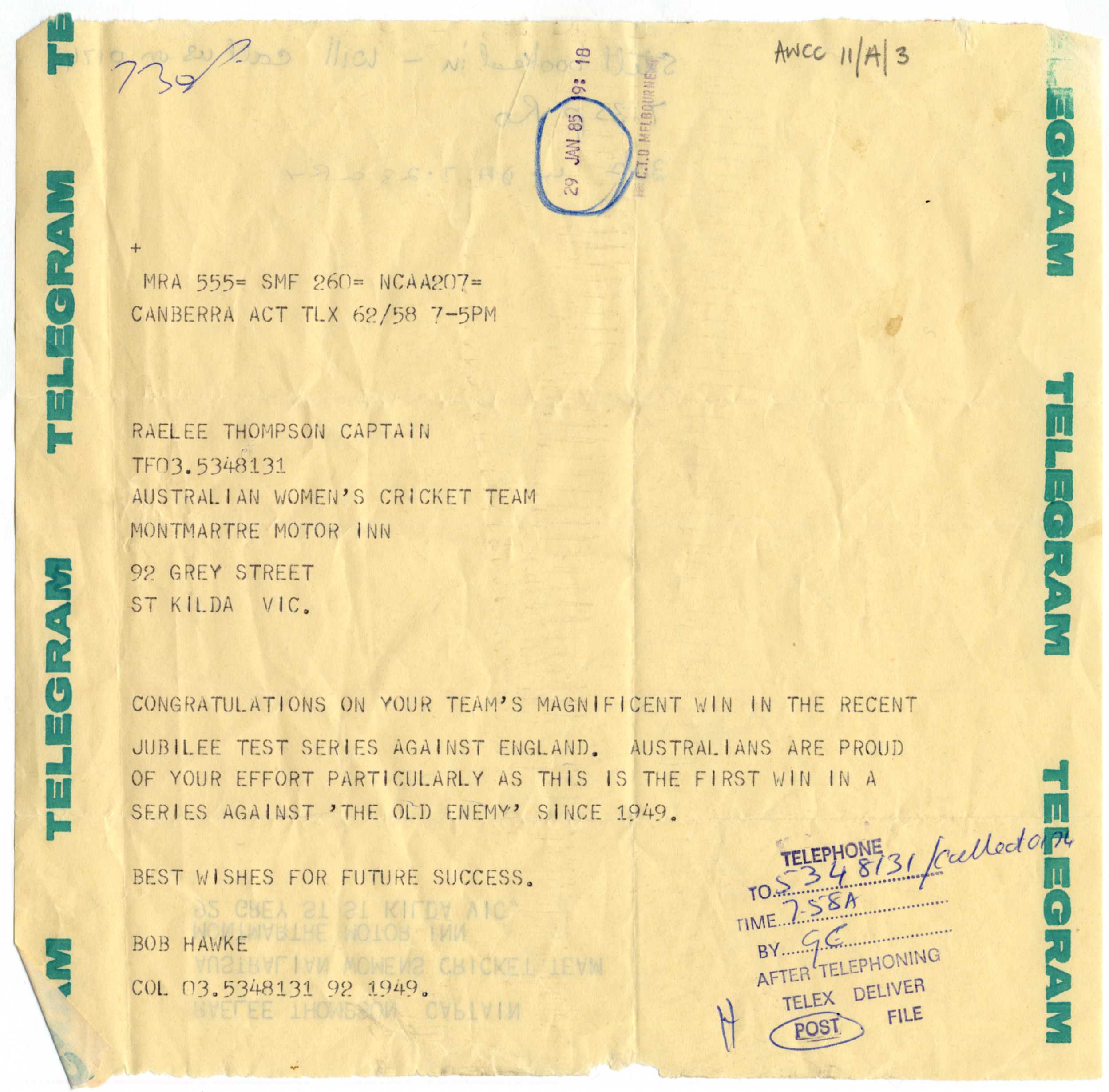 A telegram addressed to Thompson from Prime Minister Bob Hawke, congratulating her on the Jubilee Test series victory.