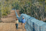 A man and a woman walk around a blue fence in the bush