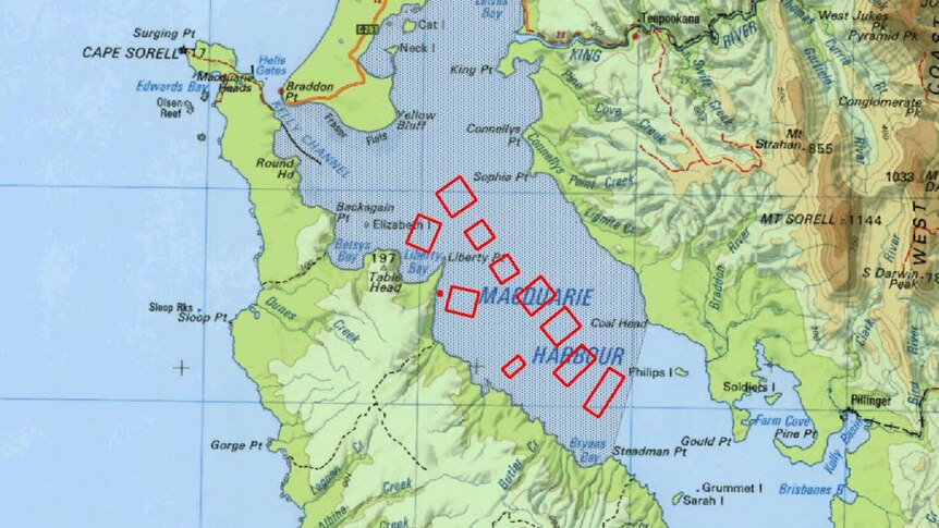 Map of Macquarie Harbour fish farm leases