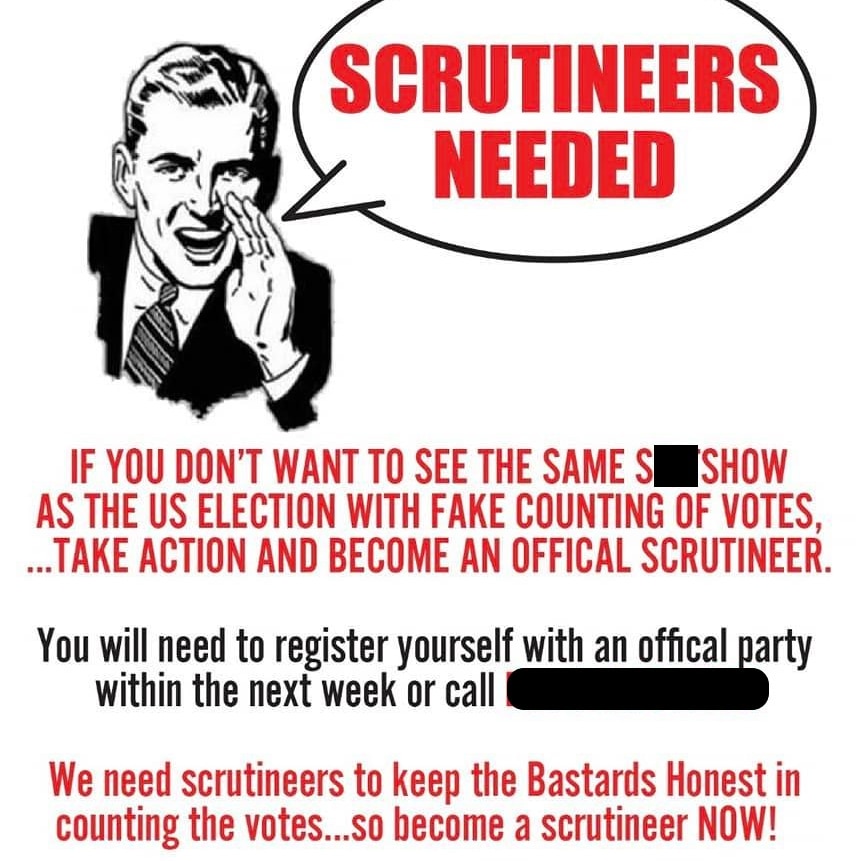 a poster reading scrutineers needed