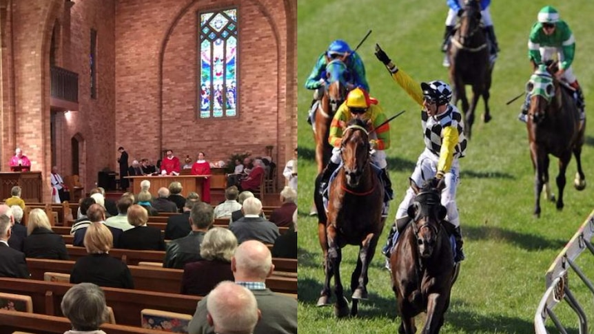 Compostie image of church service and horses at race course