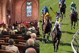 Compostie image of church service and horses at race course