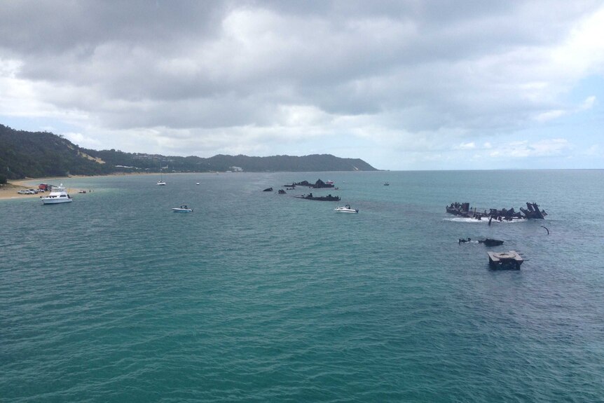 The Tangalooma Wrecks at high tide after public safety works in 2015.