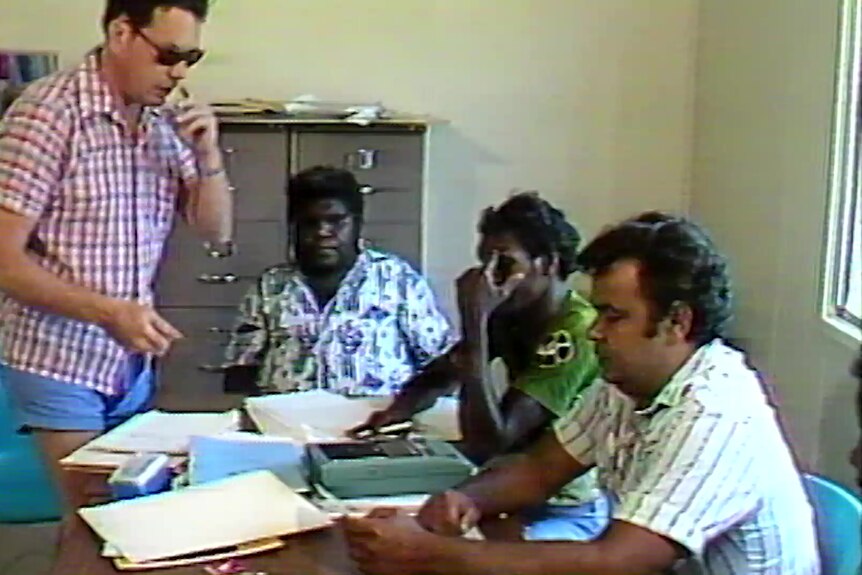 A group shot of four Indigenous people in Arnhem Land in 1982 for ABC TV