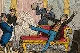 Coloured drawing of a man with flailing limbs on a couch, a man holding a bag with a mouthpiece, and men in suits watching on.