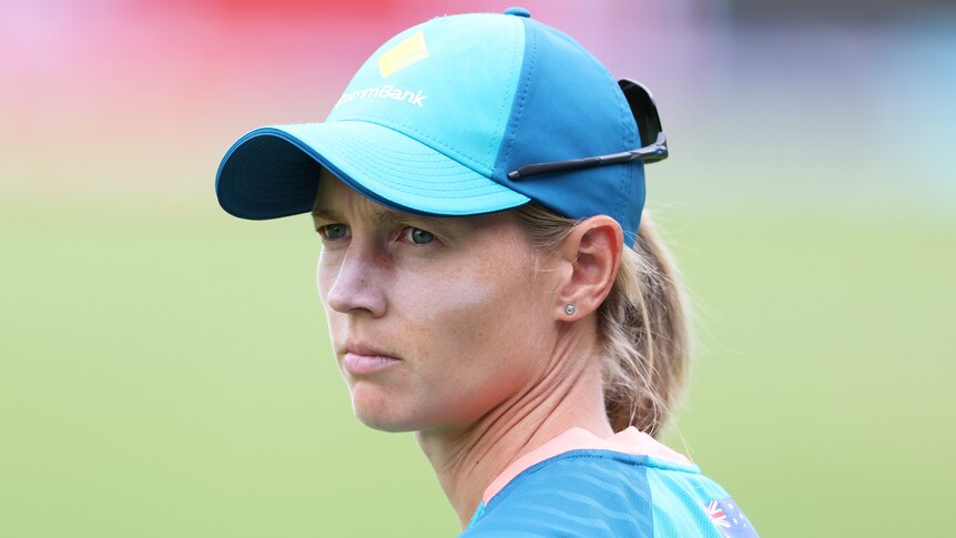 An Australian player looks to her left before a match at the Women's T20 World Cup in 2023.