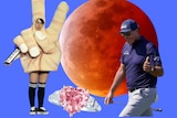 A composite image on a blue background of a woman dressed up as a peace sign, a ring, a moon and a man fist-pumping