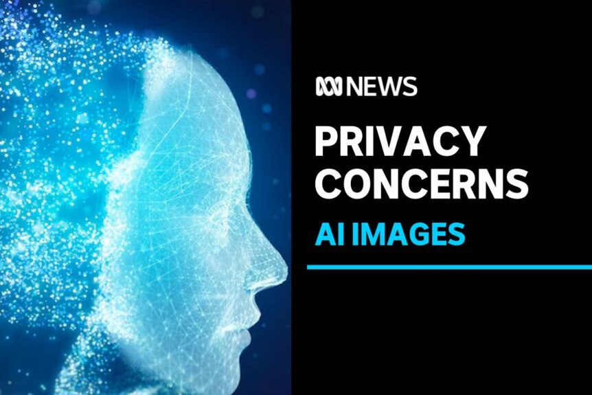 Privacy Concerns, AI Images: A graphic of an android-style human face with blue sparkles coming from the back.