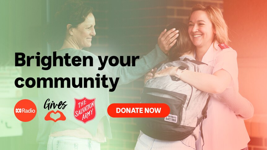 A smiling woman hugs a child wearing a backpack. Text overlaid reads "Brighten your community, donate now".