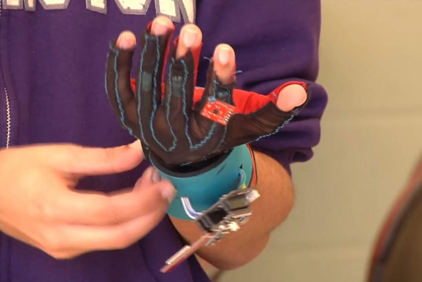 A close-up of a SignAloud glove which converts sign language to speech or text