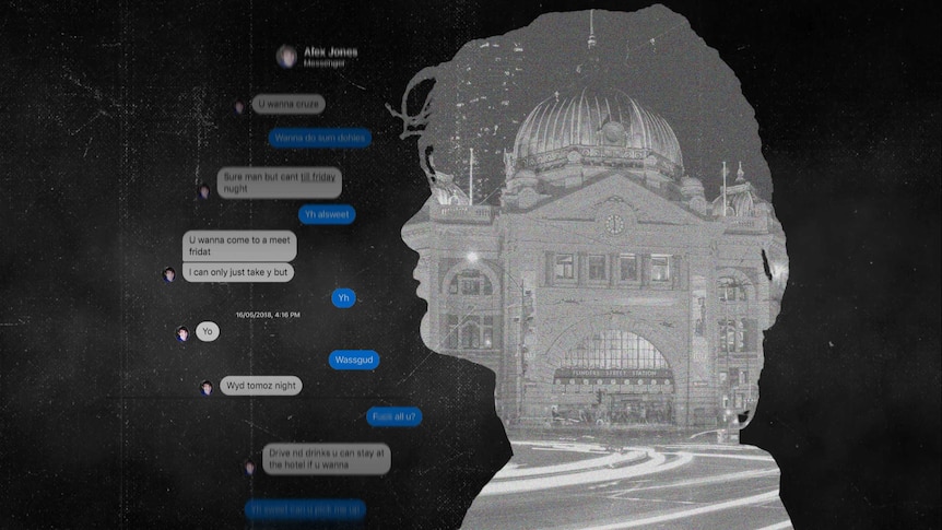 An image showing a silhouette of a boy, Flinders Street Station and an exchange of Facebook messages against a dark background.