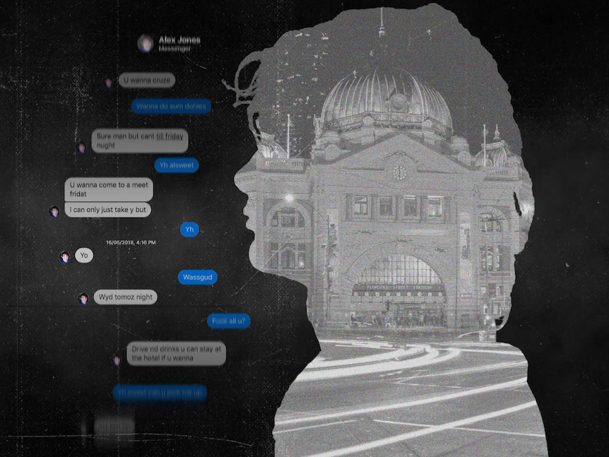 An image showing a silhouette of a boy, Flinders Street Station and an exchange of Facebook messages against a dark background.