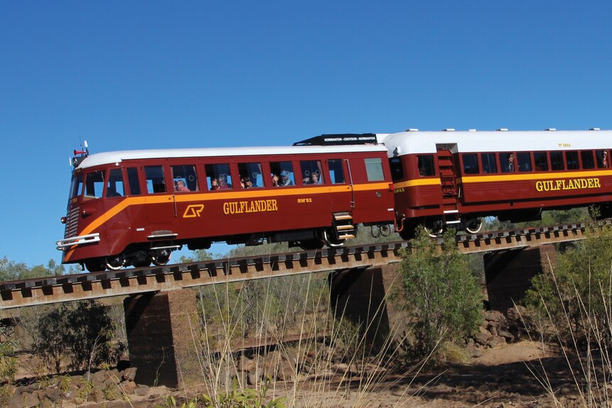 A side view of a red train travelling along a bridge above a dry savannah