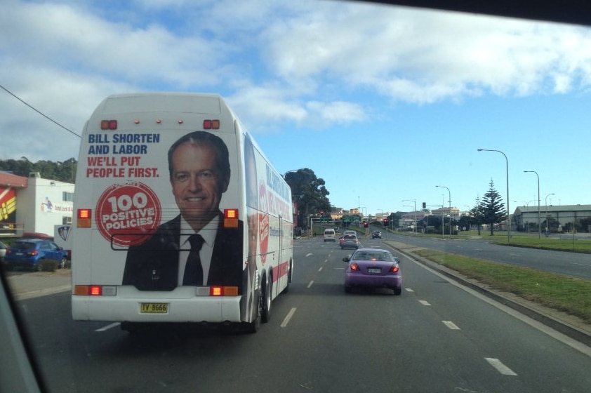 Bill Shorten's campaign bus on the move in northern Tasmania.