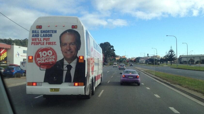 Bill Shorten's campaign bus on the move in northern Tasmania.