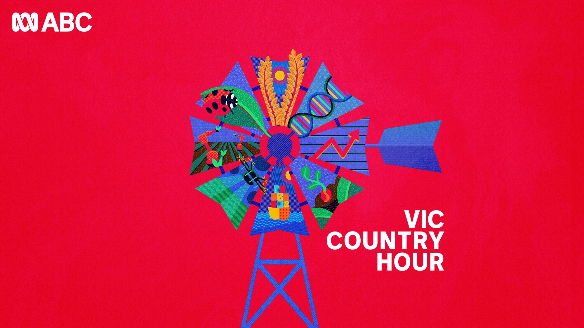 Illustrated windmill drawing with farming, science and nature icons on each blade, on a hot pink background