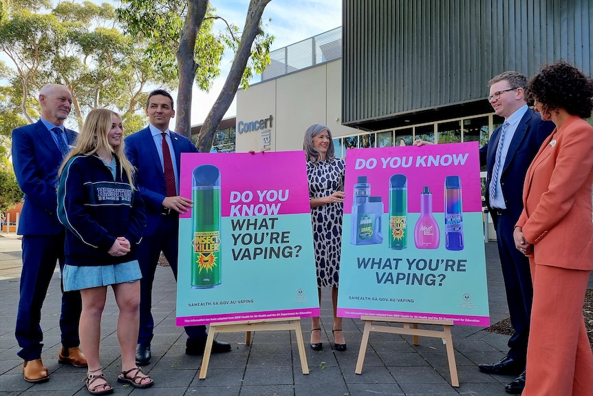 SA's education minister and health minister stand beside advertising warning students about what's in vapes