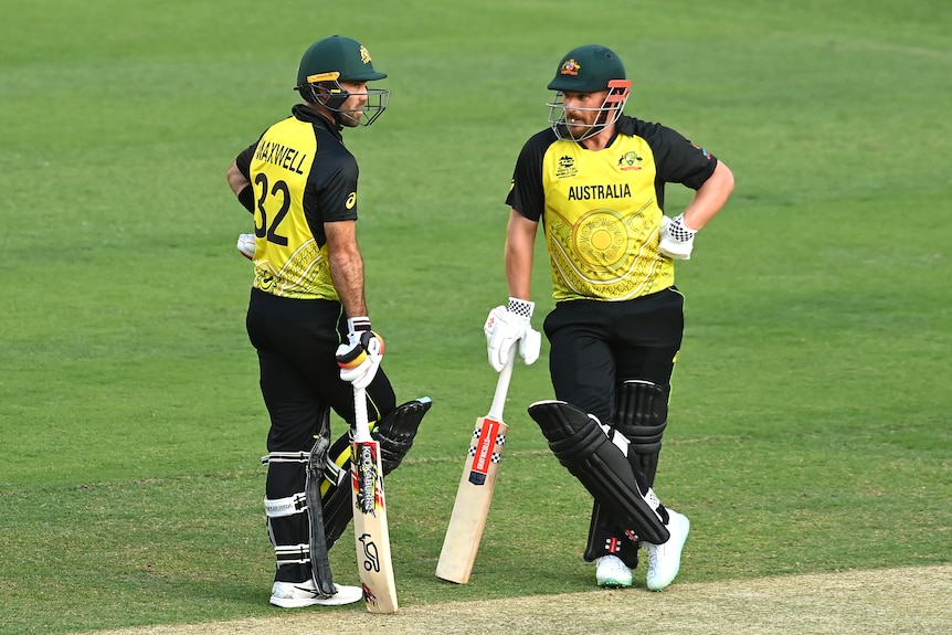 Glen Maxwell and Aaron Finch stand and talk while leaning on their bats