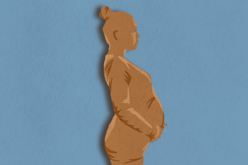 An illustration of a silhouetted woman in profile, her hands on her pregnant belly.