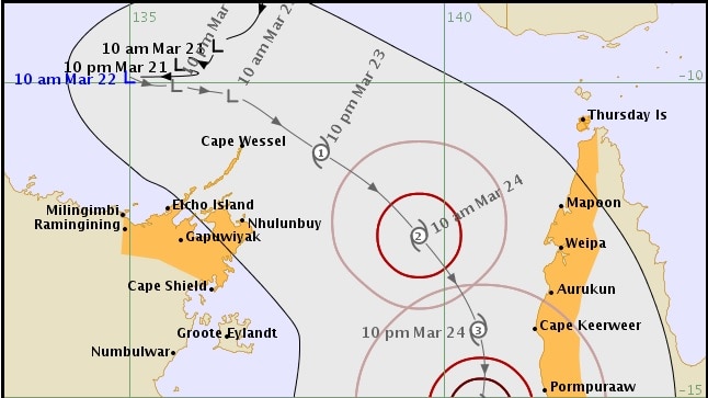 A track map for the expected tropical cyclone.