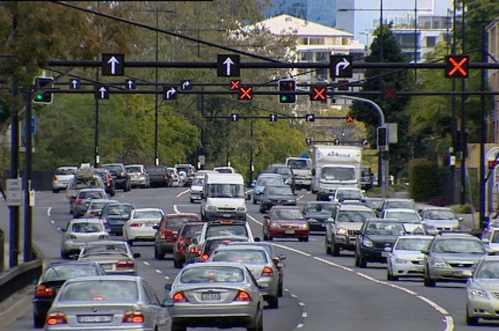 TV still of traffic on Coronation Drive at Milton in Brisbane in south-east Qld.