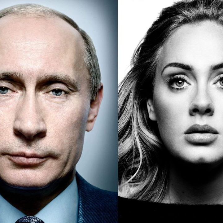 A portrait of Putin next to another portrait of Adele