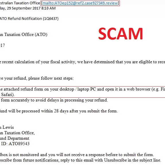 Example of a scammer pretending to be the Australian Taxation Office in an emial