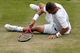 Australia's Lleyton Hewitt takes a fall in his match against Jerzy Janowicz at Wimbledon.