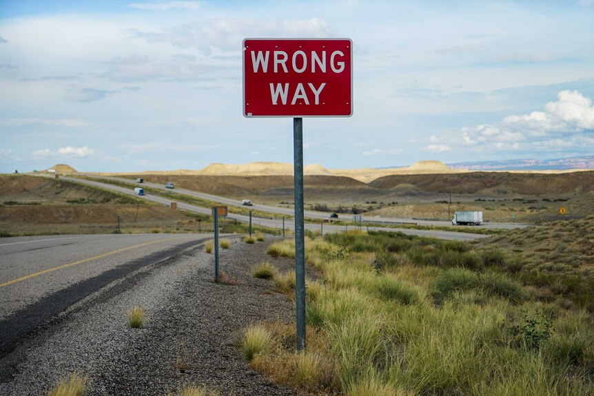 A wrong way sign stands on the side of a highway.
