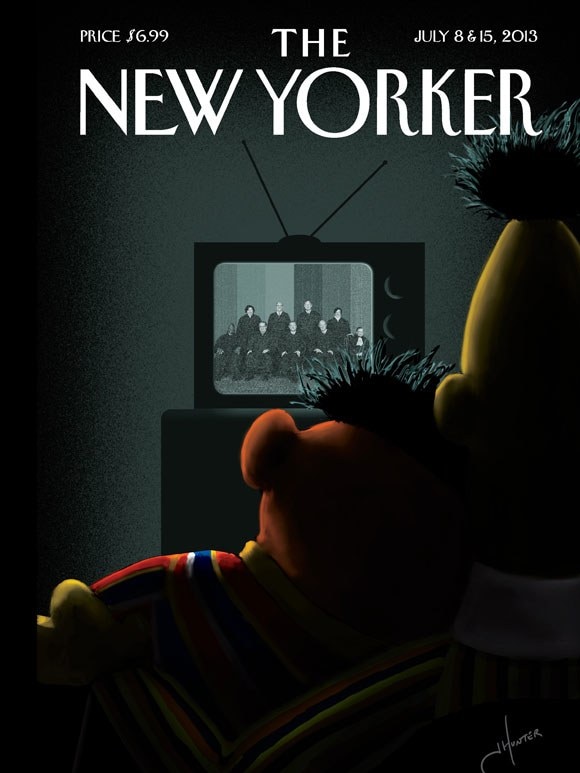 New Yorker cover with Bert hugging Ernie.