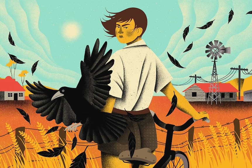 A colour illustration of the young protagonist, looking back over their shoulder, in a rural setting, a black crow in foreground