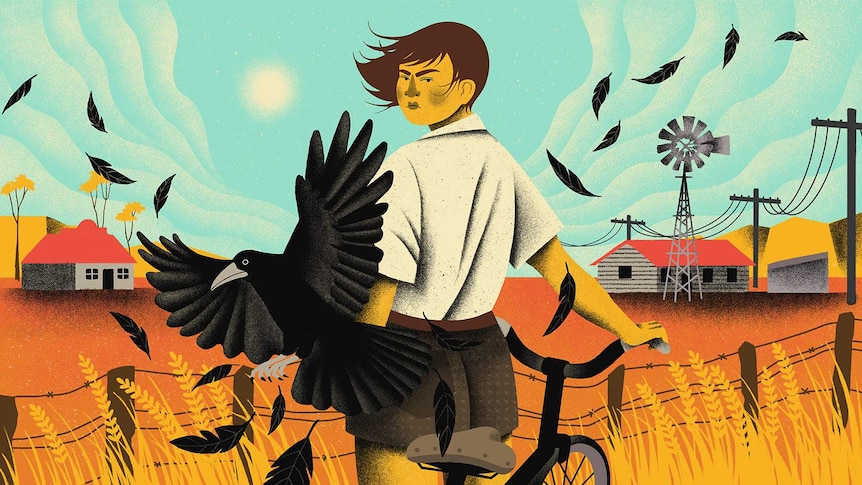 A colour illustration of the young protagonist, looking back over their shoulder, in a rural setting, a black crow in foreground