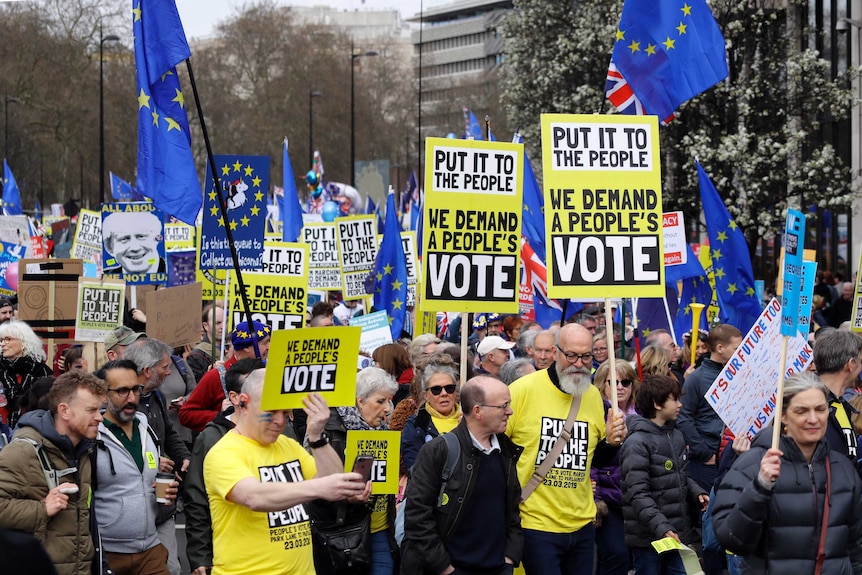Demonstrators carry posters during a Peoples Vote anti-Brexit march in London.