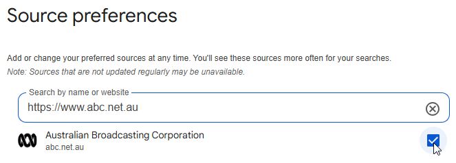 Una captura de pantalla de un sitio web que dice "Elige tus fuentes preferidas"con otro texto debajo