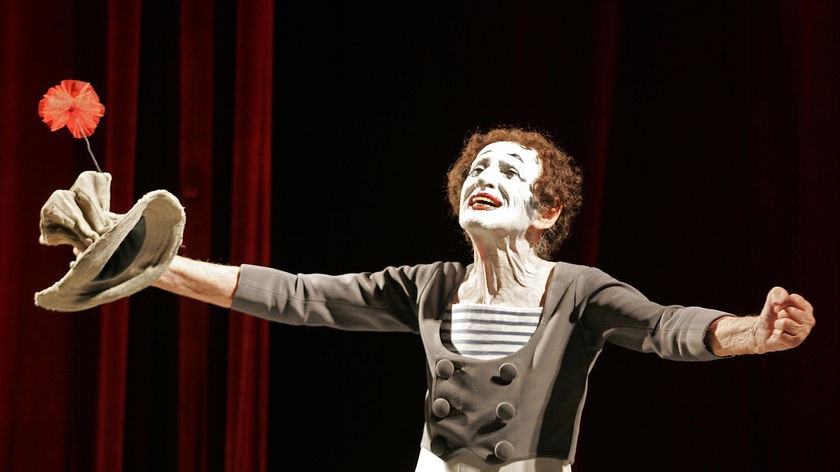 Marcel Marceau gained fame in 1947 for his creation of Bip, a sad, white-faced clown in a striped jumper and a battered silk opera hat. (File photo)