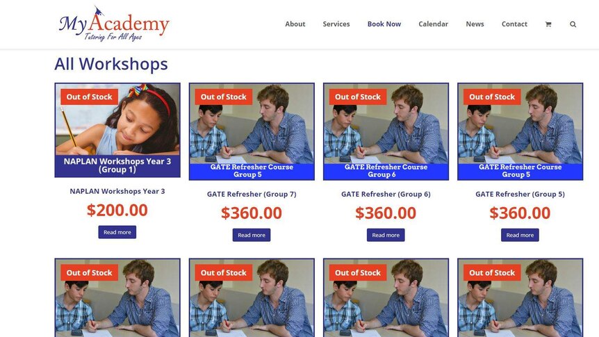 A screenshot of a website showing a range of courses that are out of stock.